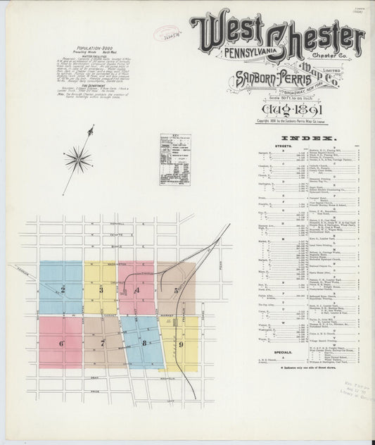 Sanborn Fire Insurance Map from West Chester, Chester County, Pennsylvania (1891), Sheet #0001 - Historic Sanborn Fire Insurance Map Print, vintage old map wall art, antique decor, genealogy gift, Pennsylvania Pennsylvania map