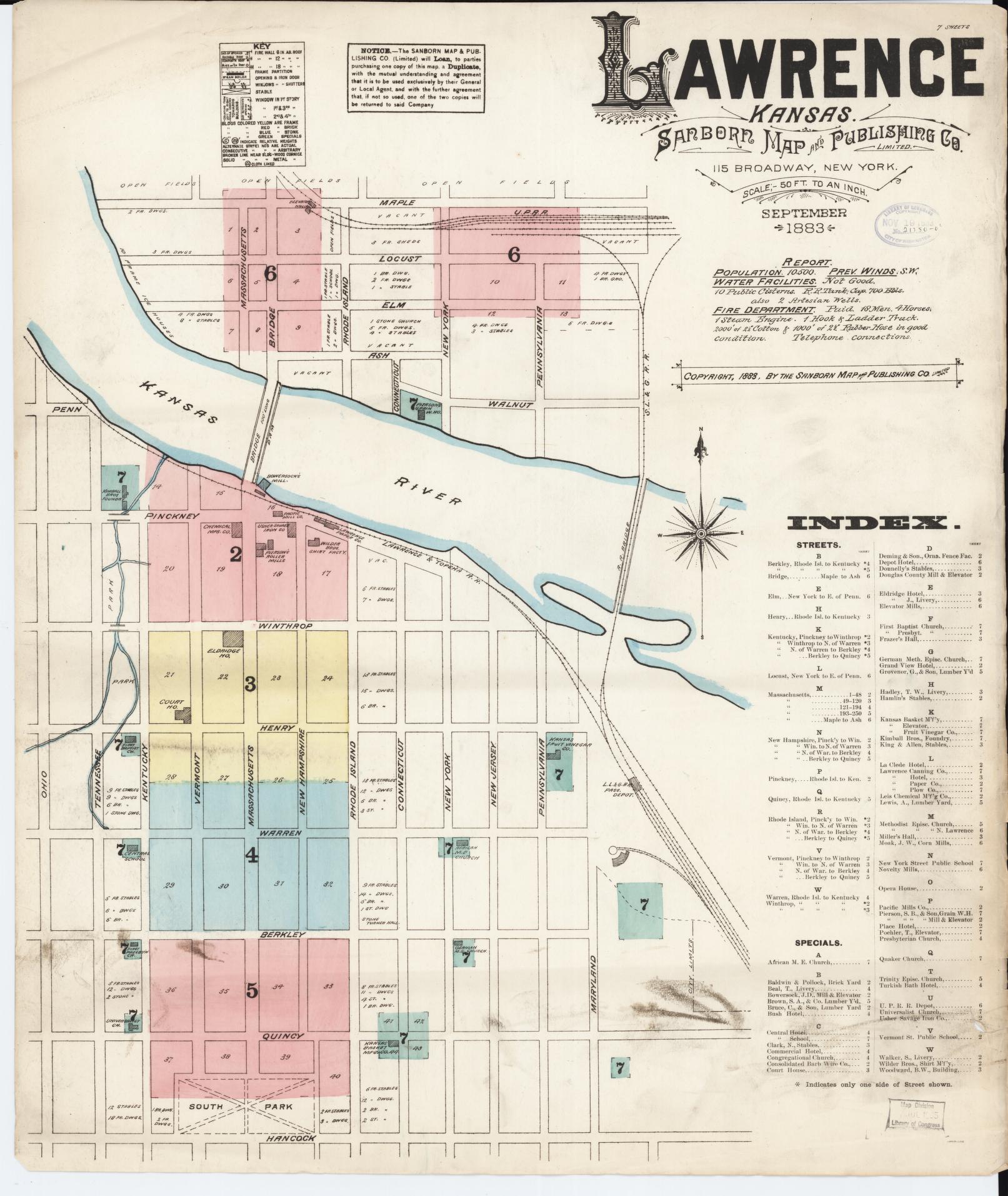 Sanborn Fire Insurance Map from Lawrence, Douglas County, Kansas (1883), Sheet #0001 - Historic Sanborn Fire Insurance Map Print, vintage old map wall art, antique decor, genealogy gift, Kansas Kansas map
