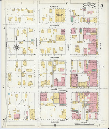 Sanborn Fire Insurance Map from Litchfield, Montgomery County, Illinois (1905), Sheet #0005 - Historic Sanborn Fire Insurance Map Print, vintage old map wall art, antique decor, genealogy gift, Illinois Illinois map