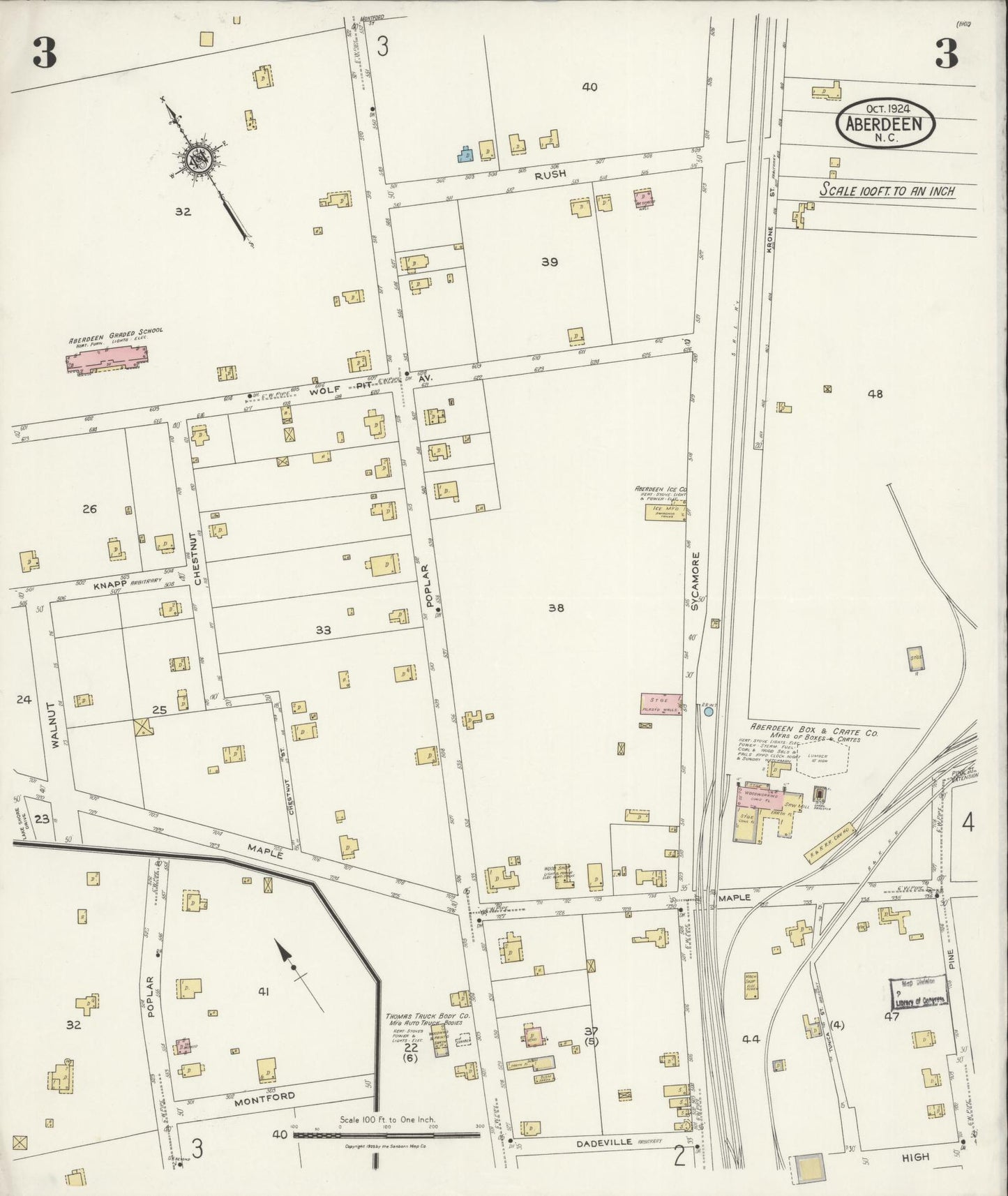 Sanborn Fire Insurance Map from Aberdeen, Moore County, North Carolina (1924), Sheet #0003 - Complete Map Set gallery image, historic Sanborn map, vintage wall art, North Carolina North Carolina