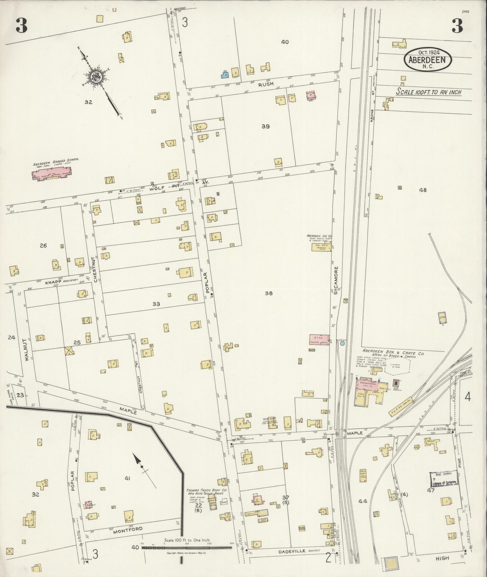 Sanborn Fire Insurance Map from Aberdeen, Moore County, North Carolina (1924), Sheet #0003 - Complete Map Set gallery image, historic Sanborn map, vintage wall art, North Carolina North Carolina
