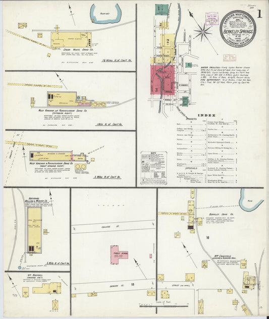 Sanborn Fire Insurance Map from Berkeley Springs, Morgan County, West Virginia (1907), Sheet #0001 - Complete Map Set gallery image, historic Sanborn map, vintage wall art, West Virginia West Virginia
