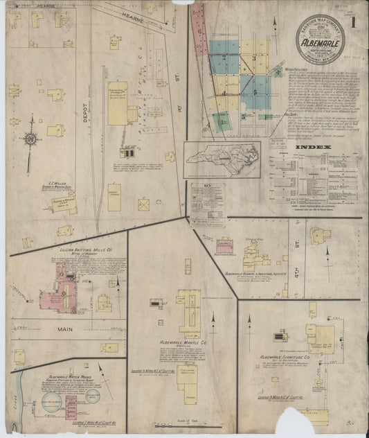 Sanborn Fire Insurance Map from Albemarle, Stanley County, North Carolina (1913), Sheet #0001 - Complete Map Set gallery image, historic Sanborn map, vintage wall art, North Carolina North Carolina