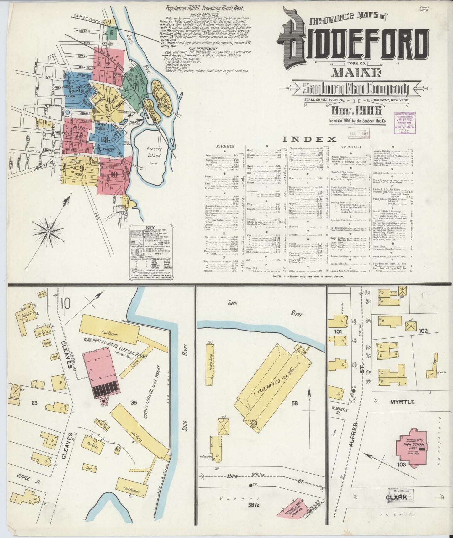 Sanborn Fire Insurance Map from Biddeford, York County, Maine (1906), Sheet #0001 - Complete Map Set gallery image, historic Sanborn map, vintage wall art, Maine Maine