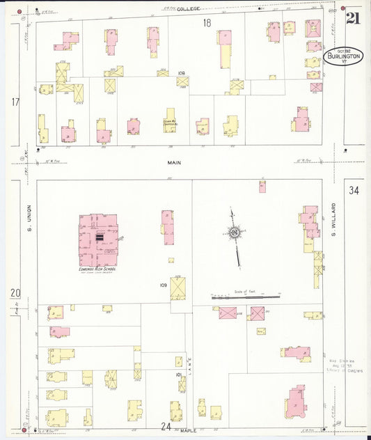 Sanborn Fire Insurance Map from Burlington, Chittenden County, Vermont (1912), Sheet #0021 - Historic Sanborn Fire Insurance Map Print, vintage old map wall art, antique decor, genealogy gift, Vermont Vermont map