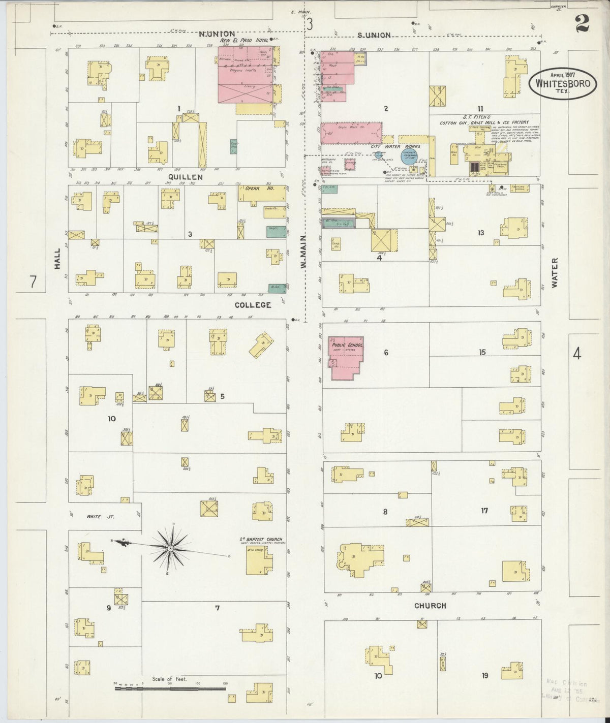 Sanborn Fire Insurance Map from Whitesboro, Grayson County, Texas (1907), Sheet #0002 - Historic Sanborn Fire Insurance Map Print, vintage old map wall art, antique decor, genealogy gift, Texas Texas map