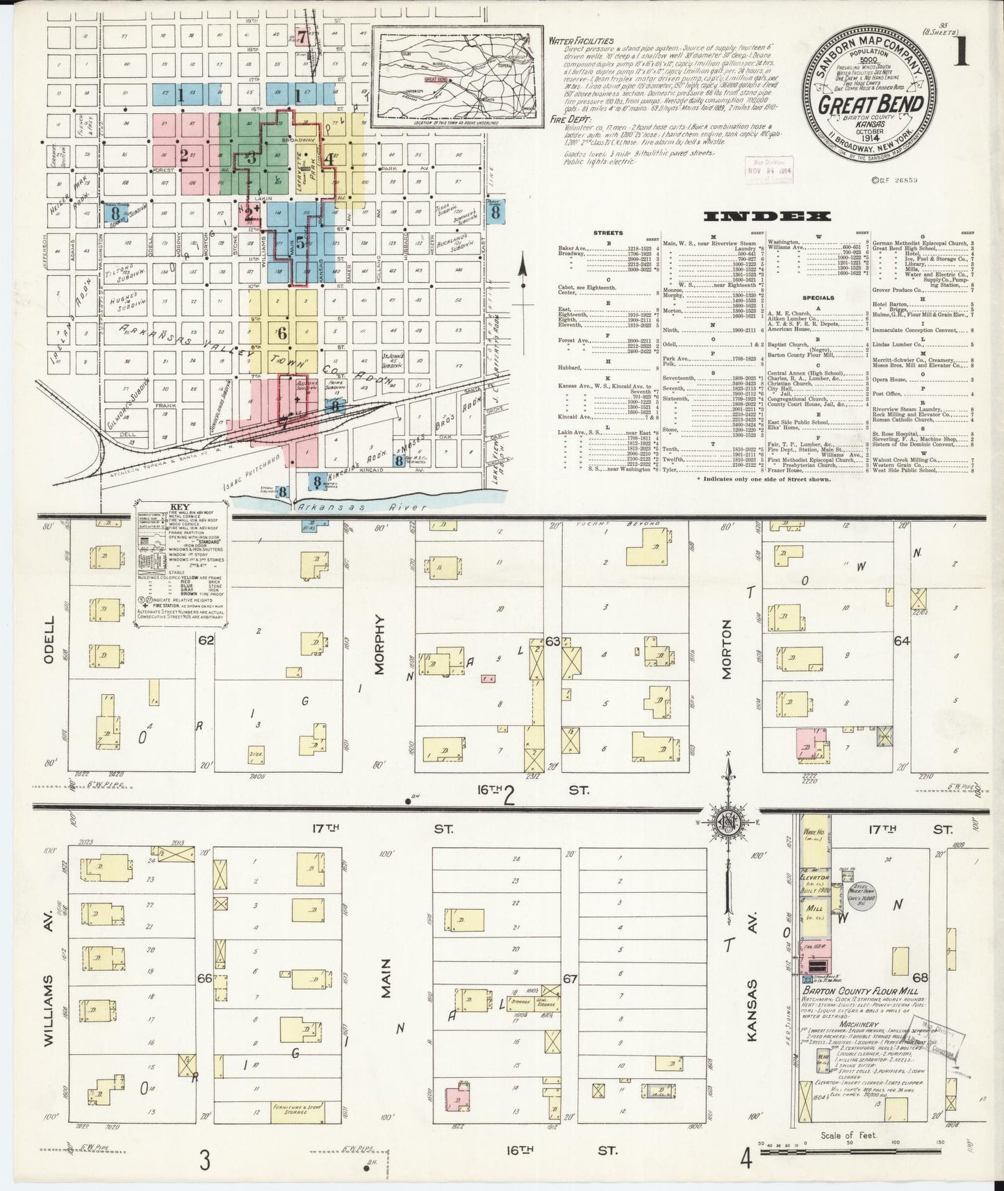 Sanborn Fire Insurance Map from Great Bend, Barton County, Kansas (1914), Sheet #0001 - Historic Sanborn Fire Insurance Map Print, vintage old map wall art, antique decor, genealogy gift, Kansas Kansas map