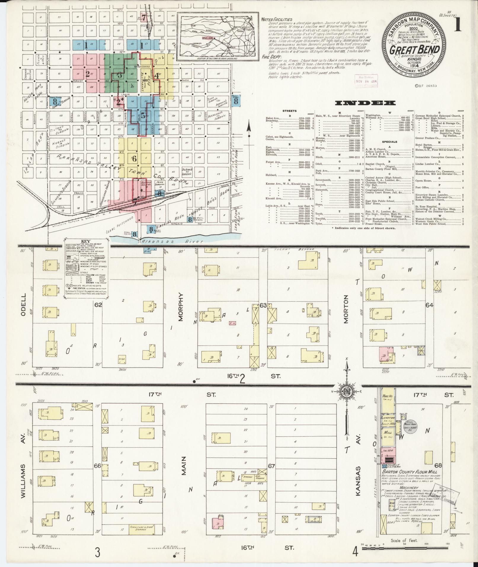Sanborn Fire Insurance Map from Great Bend, Barton County, Kansas (1914), Sheet #0001 - Historic Sanborn Fire Insurance Map Print, vintage old map wall art, antique decor, genealogy gift, Kansas Kansas map
