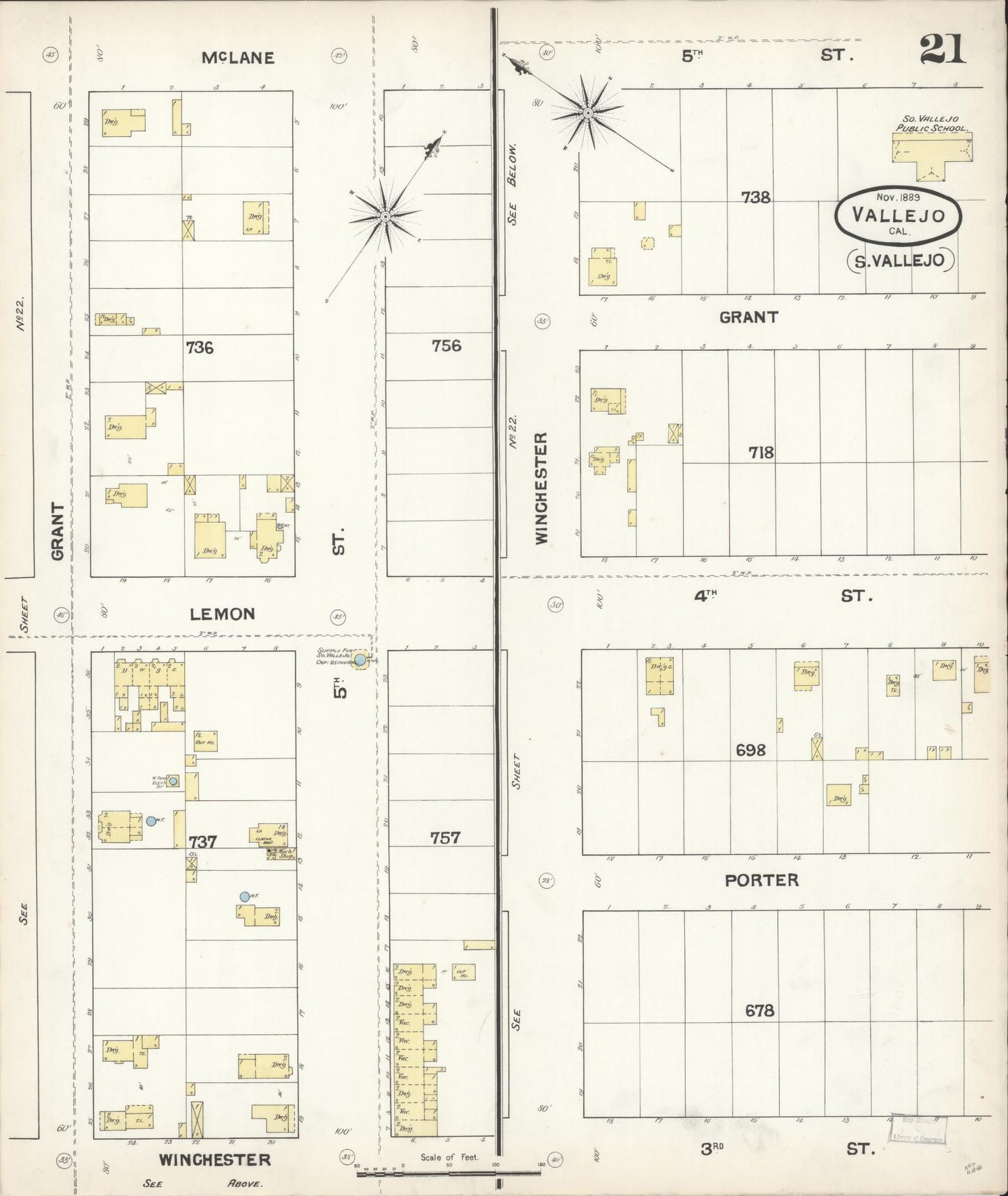Sanborn Fire Insurance Map from Vallejo, Solano County, California (1889), Sheet #0021 - Complete Map Set gallery image, historic Sanborn map, vintage wall art, California California