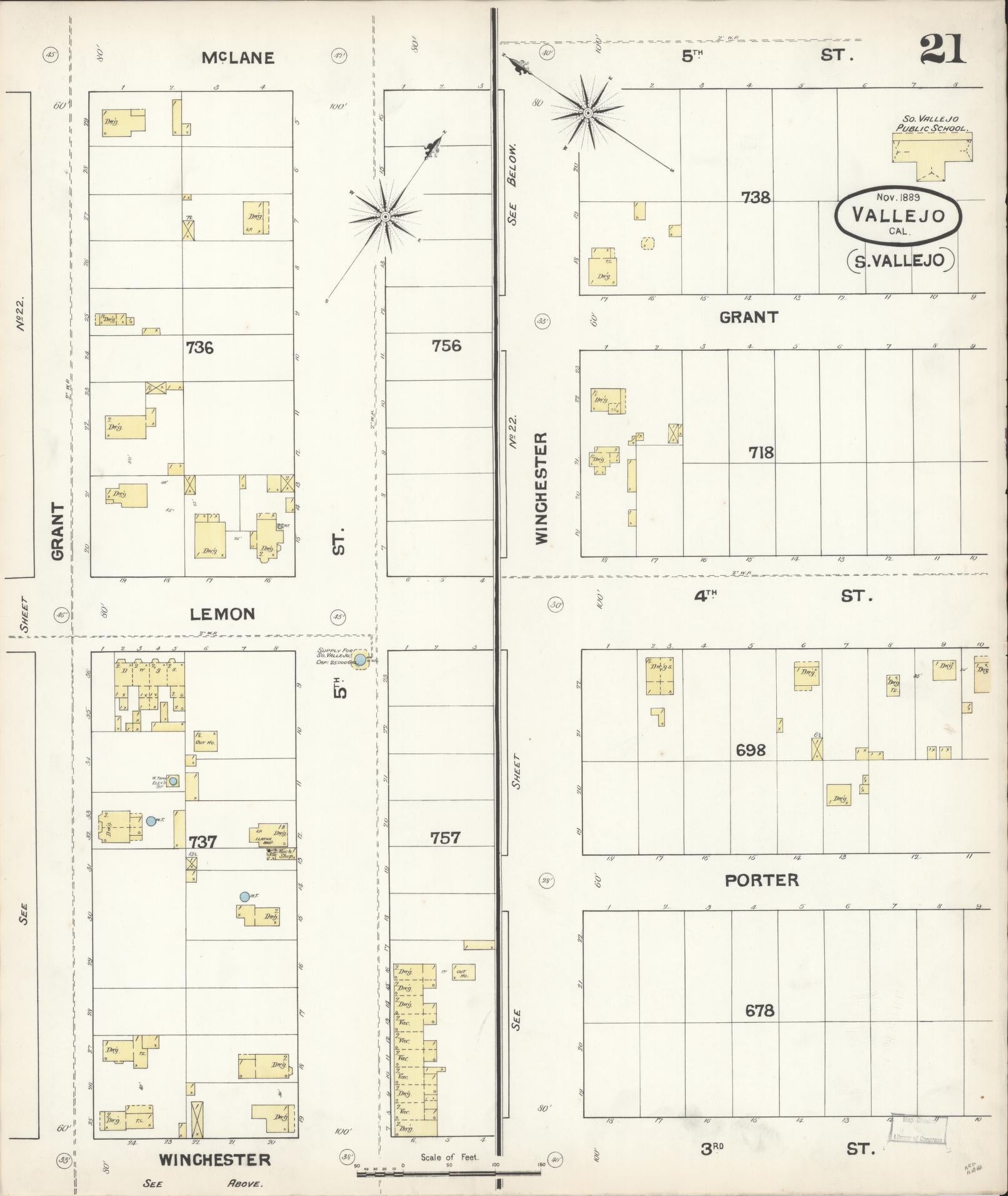 Sanborn Fire Insurance Map from Vallejo, Solano County, California (1889), Sheet #0021 - Complete Map Set gallery image, historic Sanborn map, vintage wall art, California California