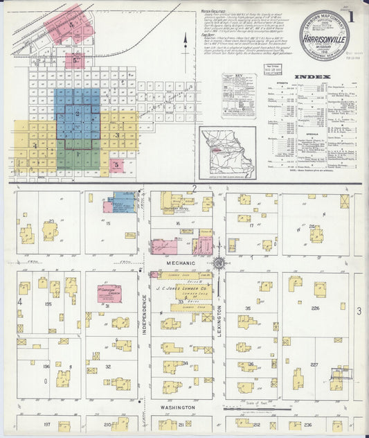 Sanborn Fire Insurance Map from Harrisonville, Cass County, Missouri (1918), Sheet #0001 - Historic Sanborn Fire Insurance Map Print, vintage old map wall art, antique decor, genealogy gift, Missouri Missouri map