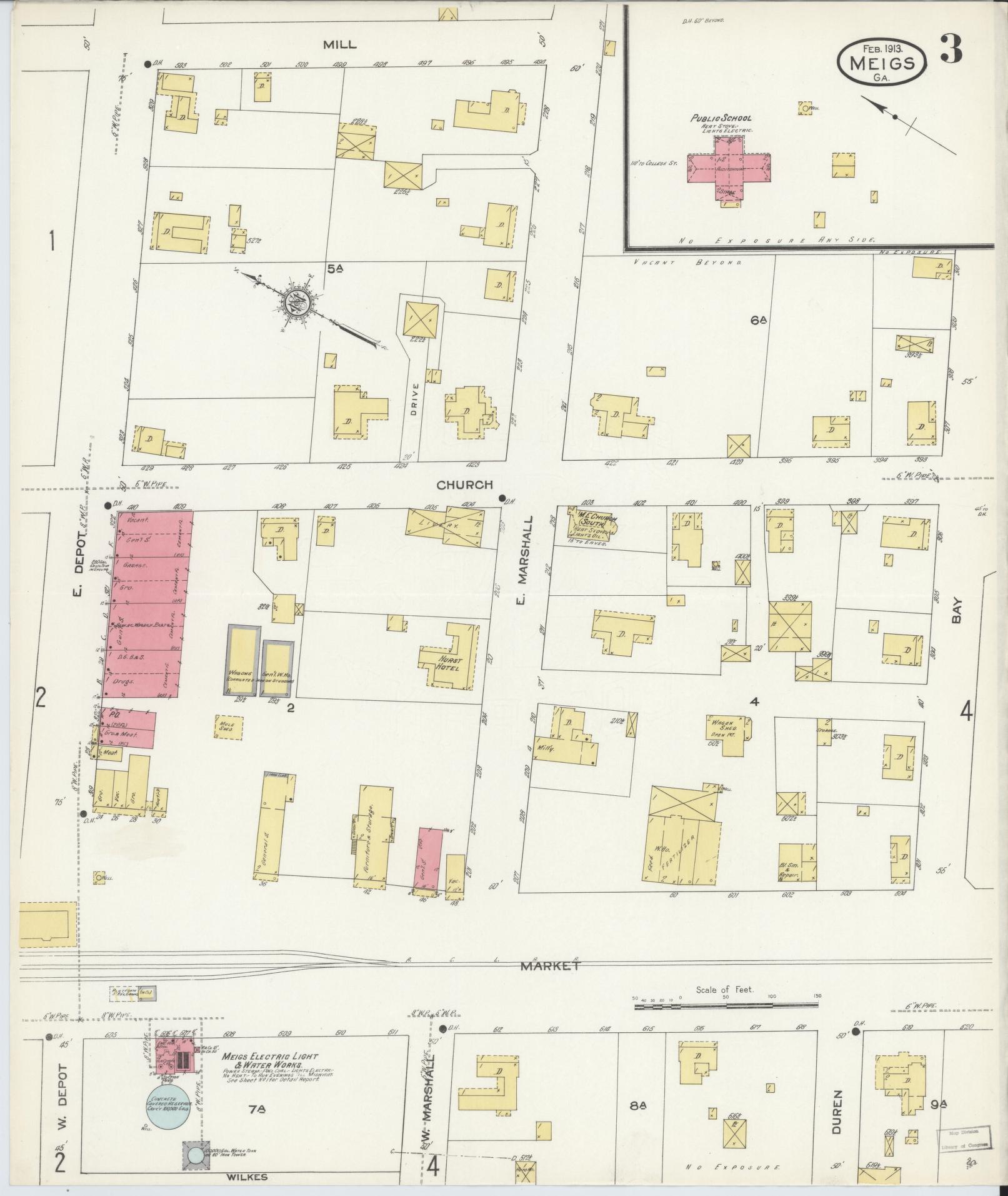Sanborn Fire Insurance Map from Meigs, Thomas County, Georgia (1913), Sheet #0003 - Historic Sanborn Fire Insurance Map Print, vintage old map wall art, antique decor, genealogy gift, Georgia Georgia map