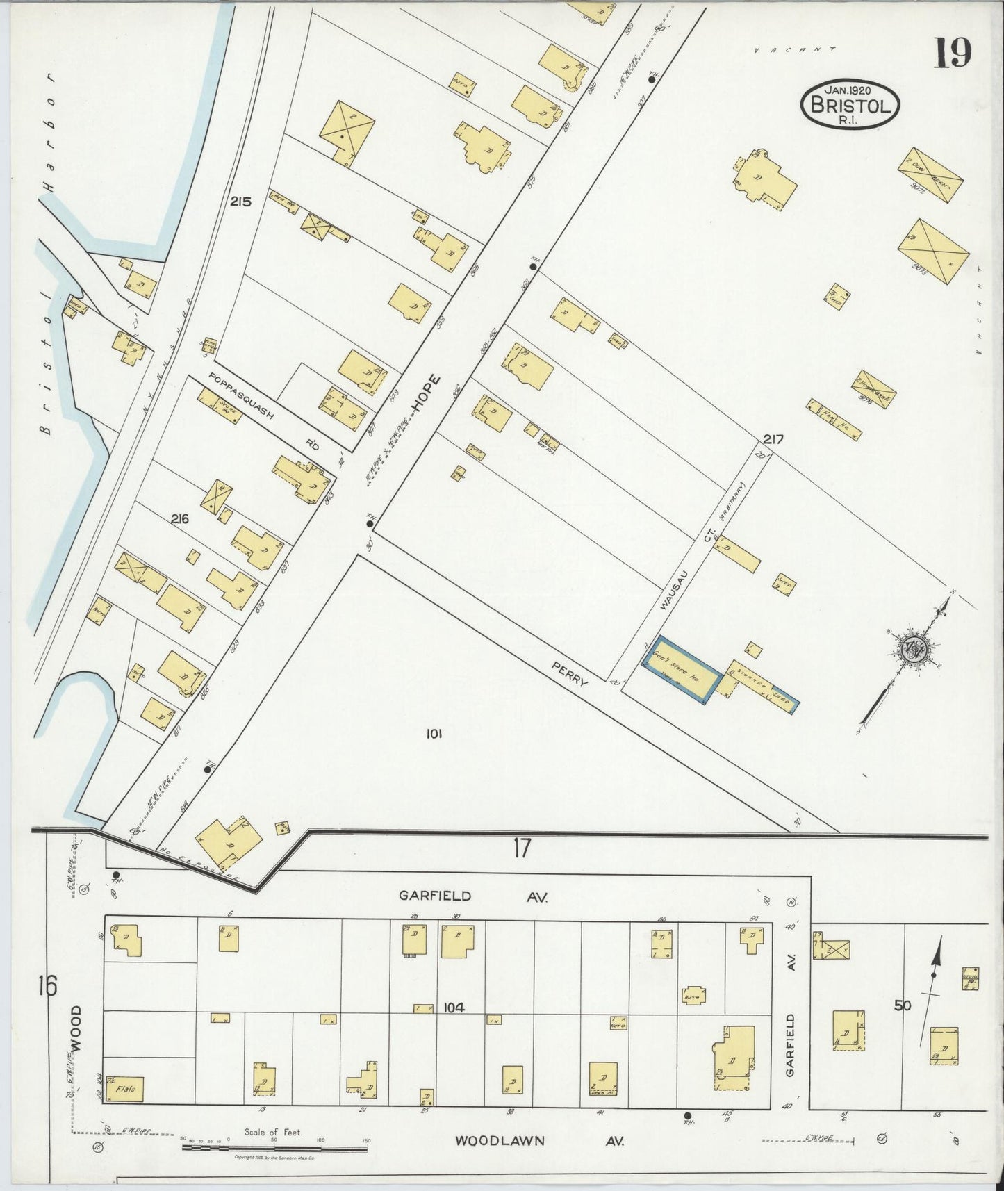Sanborn Fire Insurance Map from Bristol, Bristol County, Rhode Island (1920), Sheet #0019 - Historic Sanborn Fire Insurance Map Print, vintage old map wall art, antique decor, genealogy gift, Rhode Island Rhode Island map