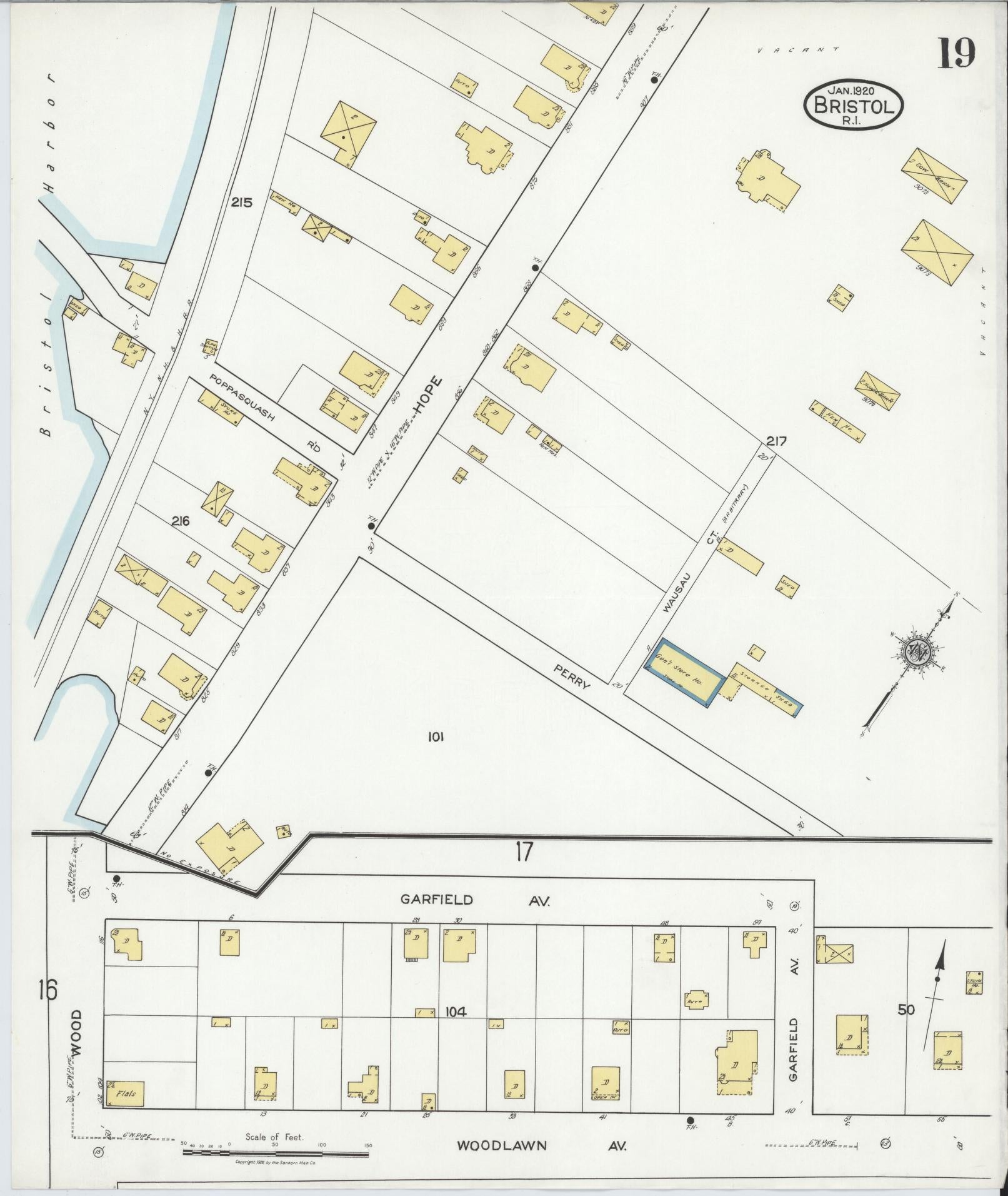 Sanborn Fire Insurance Map from Bristol, Bristol County, Rhode Island (1920), Sheet #0019 - Historic Sanborn Fire Insurance Map Print, vintage old map wall art, antique decor, genealogy gift, Rhode Island Rhode Island map