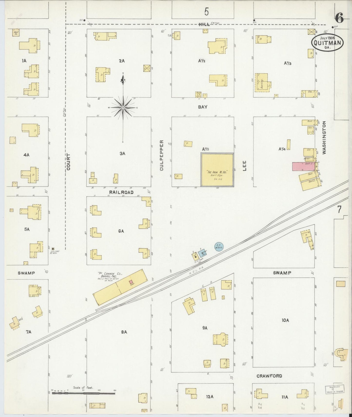Sanborn Fire Insurance Map from Quitman, Brooks County, Georgia (1905), Sheet #0006 - Complete Map Set gallery image, historic Sanborn map, vintage wall art, Georgia Georgia