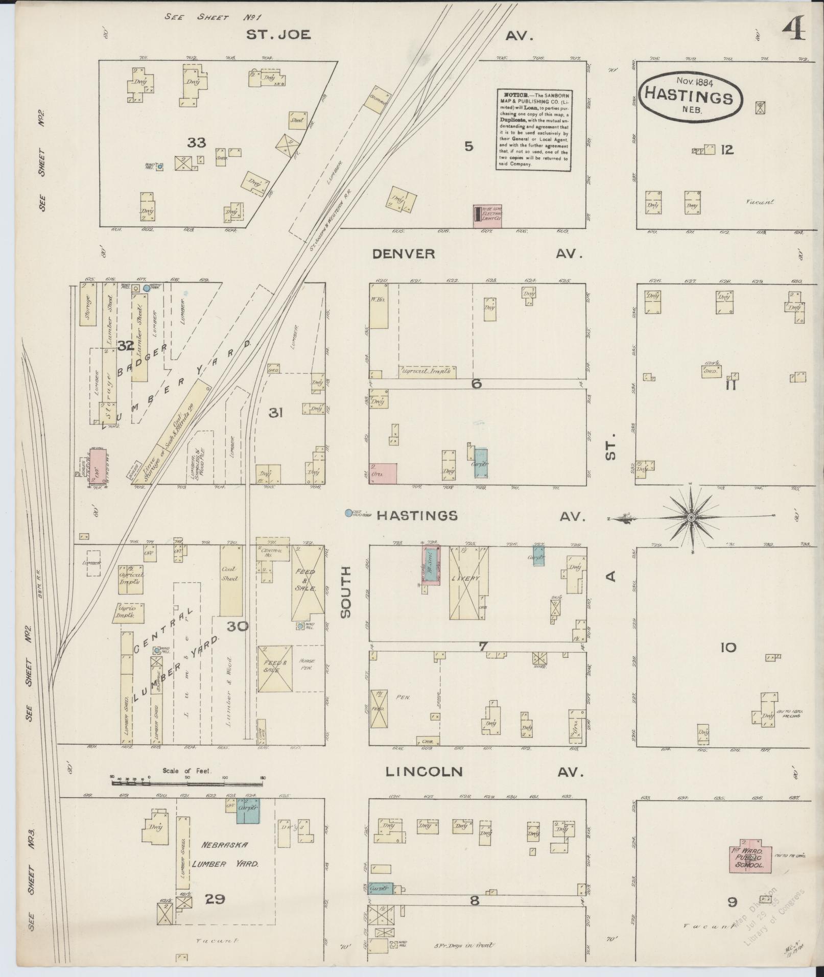 Sanborn Fire Insurance Map from Hastings, Adams County, Nebraska (1884), Sheet #0004 - Historic Sanborn Fire Insurance Map Print, vintage old map wall art, antique decor, genealogy gift, Nebraska Nebraska map