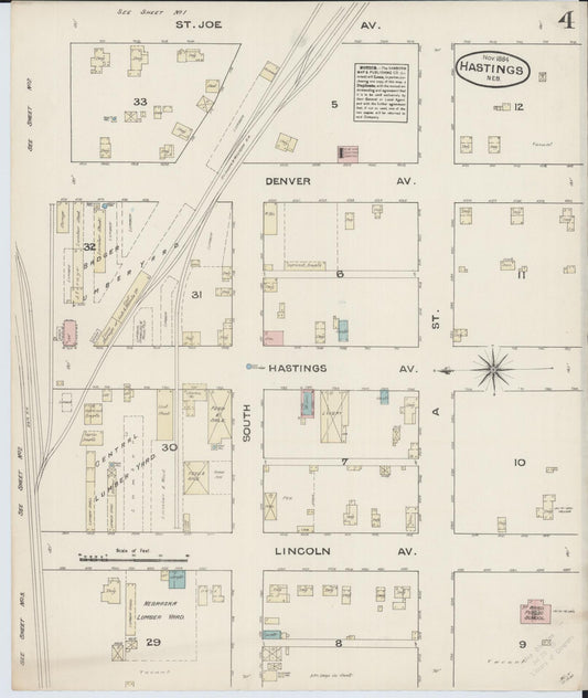 Sanborn Fire Insurance Map from Hastings, Adams County, Nebraska (1884), Sheet #0004 - Historic Sanborn Fire Insurance Map Print, vintage old map wall art, antique decor, genealogy gift, Nebraska Nebraska map