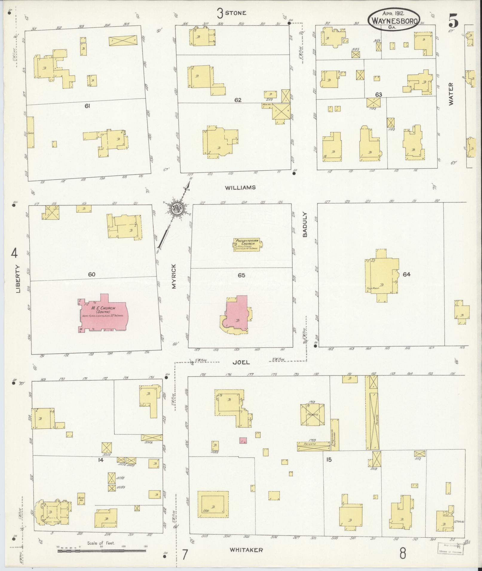Sanborn Fire Insurance Map from Waynesboro, Burke County, Georgia (1912), Sheet #0005 - Historic Sanborn Fire Insurance Map Print, vintage old map wall art, antique decor, genealogy gift, Georgia Georgia map