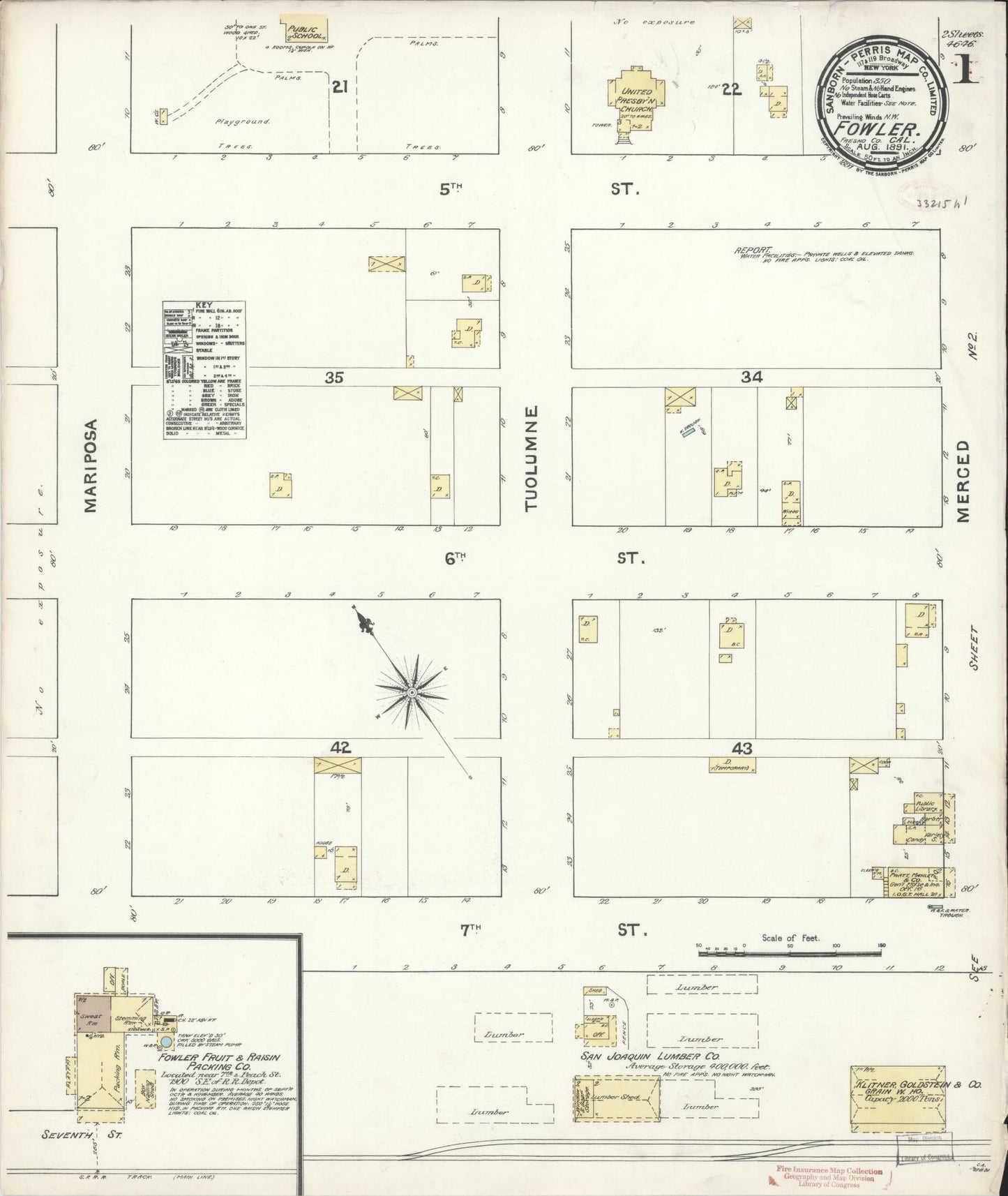 Sanborn Fire Insurance Map from Fowler, Fresno County, California (1891), Sheet #0001 - Historic Sanborn Fire Insurance Map Print, vintage old map wall art, antique decor, genealogy gift, California California map