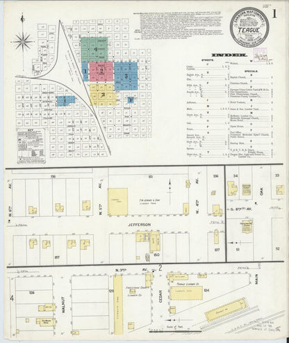 Sanborn Fire Insurance Map from Teague, Freestone County, Texas (1908), Sheet #0001 - Historic Sanborn Fire Insurance Map Print, vintage old map wall art, antique decor, genealogy gift, Texas Texas map