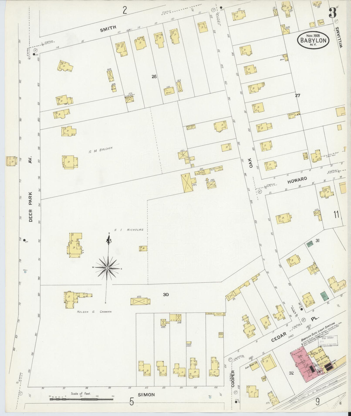 Sanborn Fire Insurance Map from Babylon, Suffolk County, New York (1908), Sheet #0003 - Historic Sanborn Fire Insurance Map Print, vintage old map wall art, antique decor, genealogy gift, New York New York map