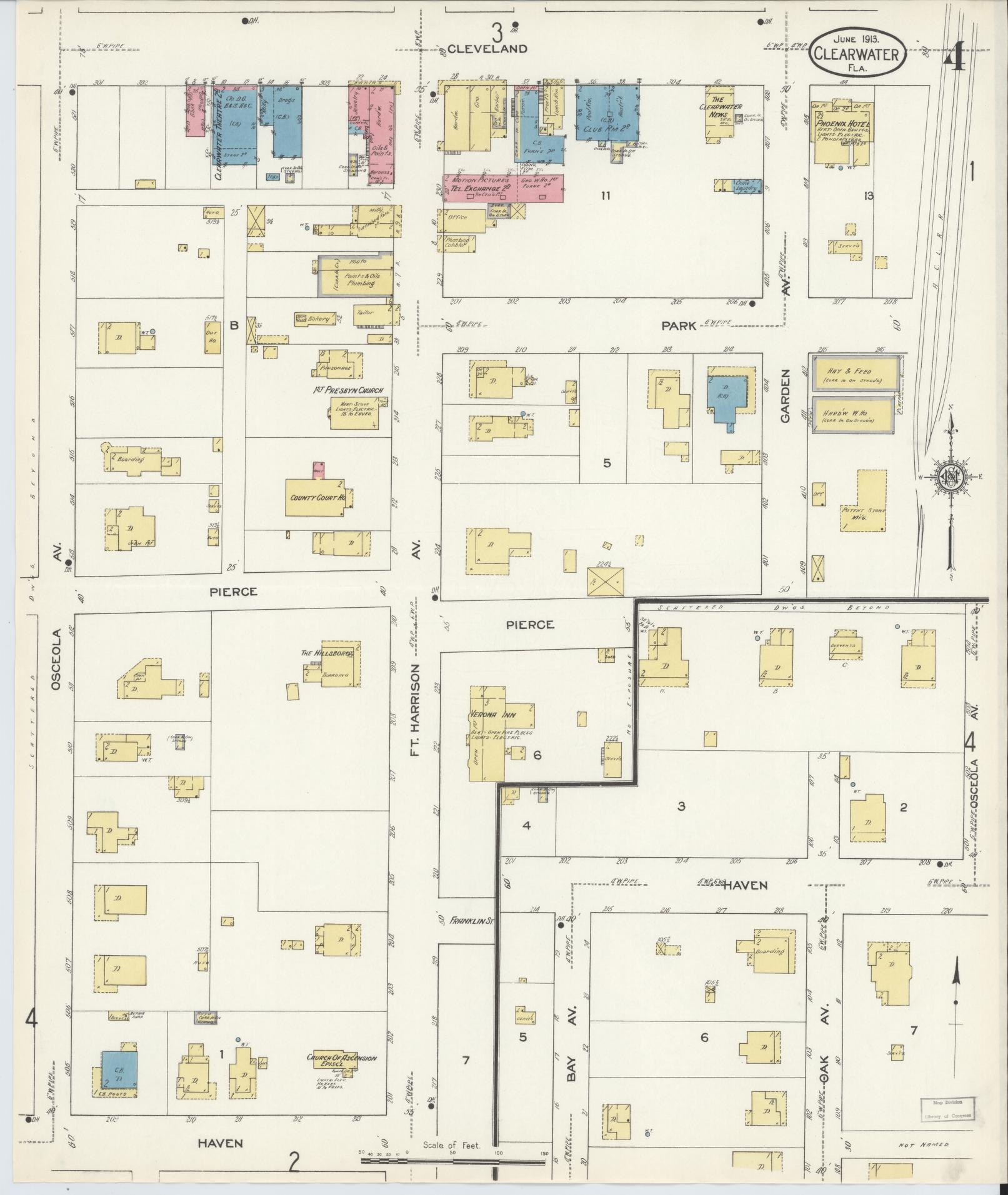 Sanborn Fire Insurance Map from Clearwater, Pinellas County, Florida (1913), Sheet #0004 - Complete Map Set gallery image, historic Sanborn map, vintage wall art, Florida Florida