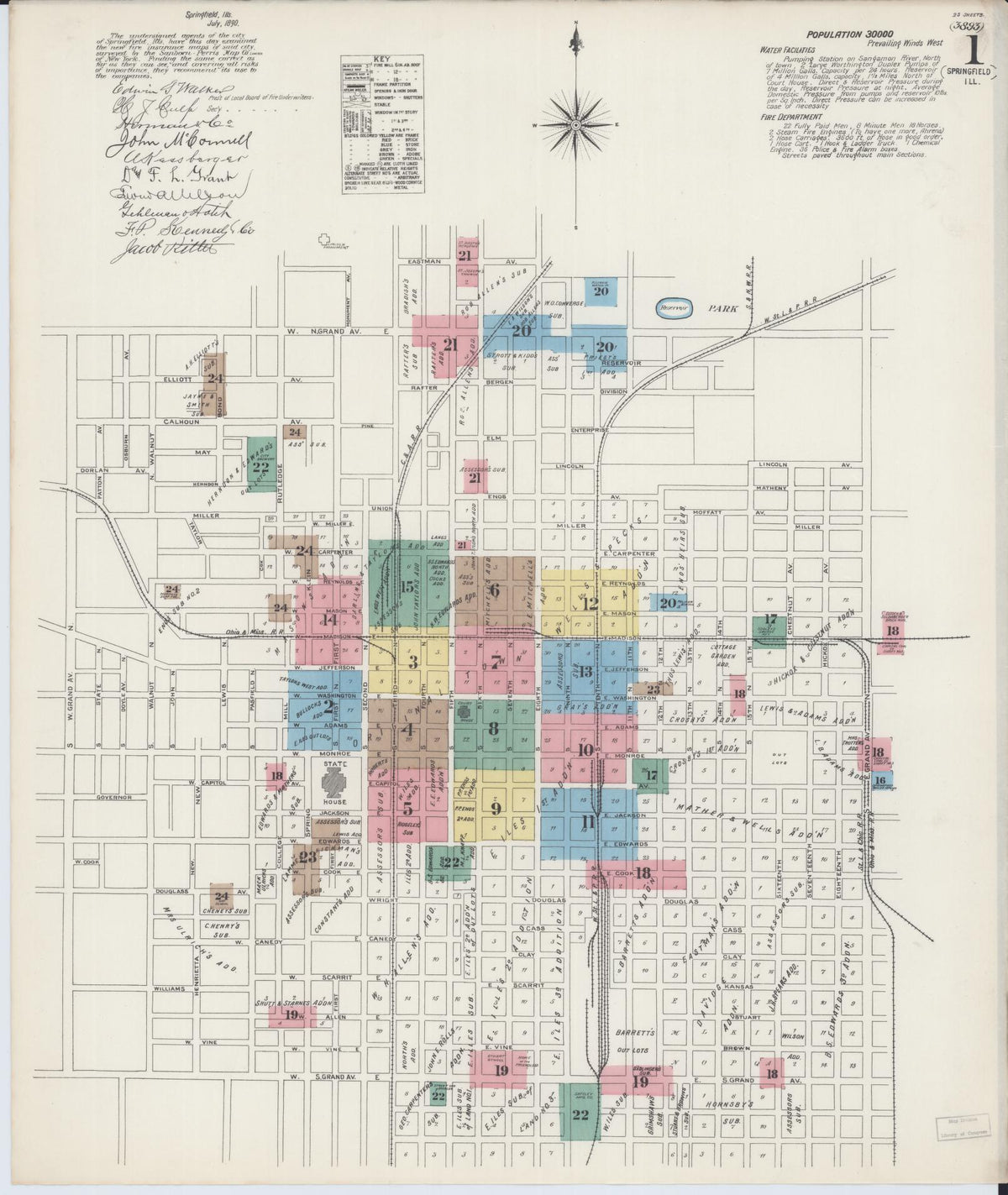 Sanborn Fire Insurance Map from Springfield, Sangamon County, Illinois (1890), Sheet #0001 - Historic Sanborn Fire Insurance Map Print, vintage old map wall art, antique decor, genealogy gift, Illinois Illinois map