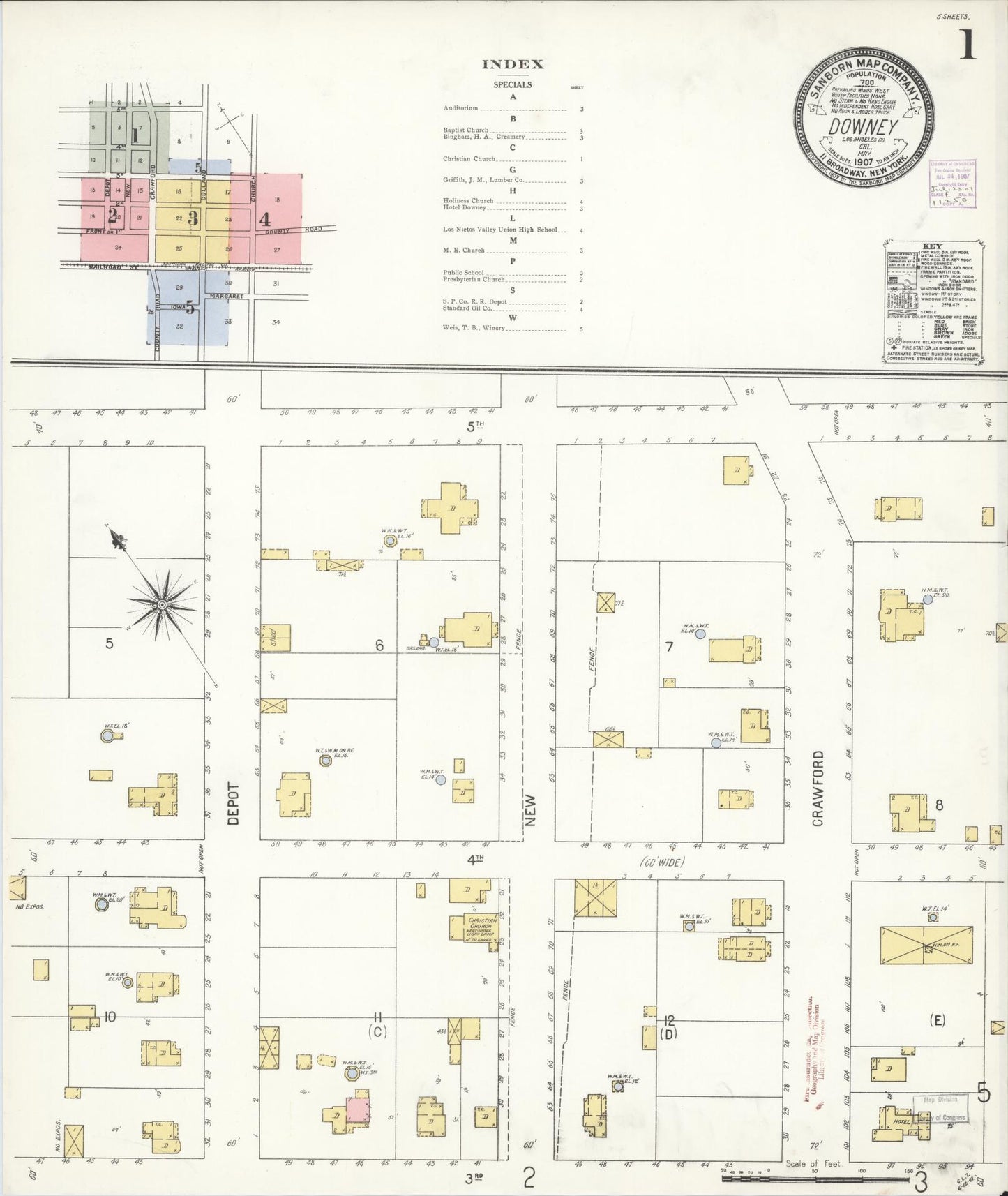 Sanborn Fire Insurance Map from Downey, Los Angeles County, California (1907), Sheet #0001 - Complete Map Set gallery image, historic Sanborn map, vintage wall art, California California