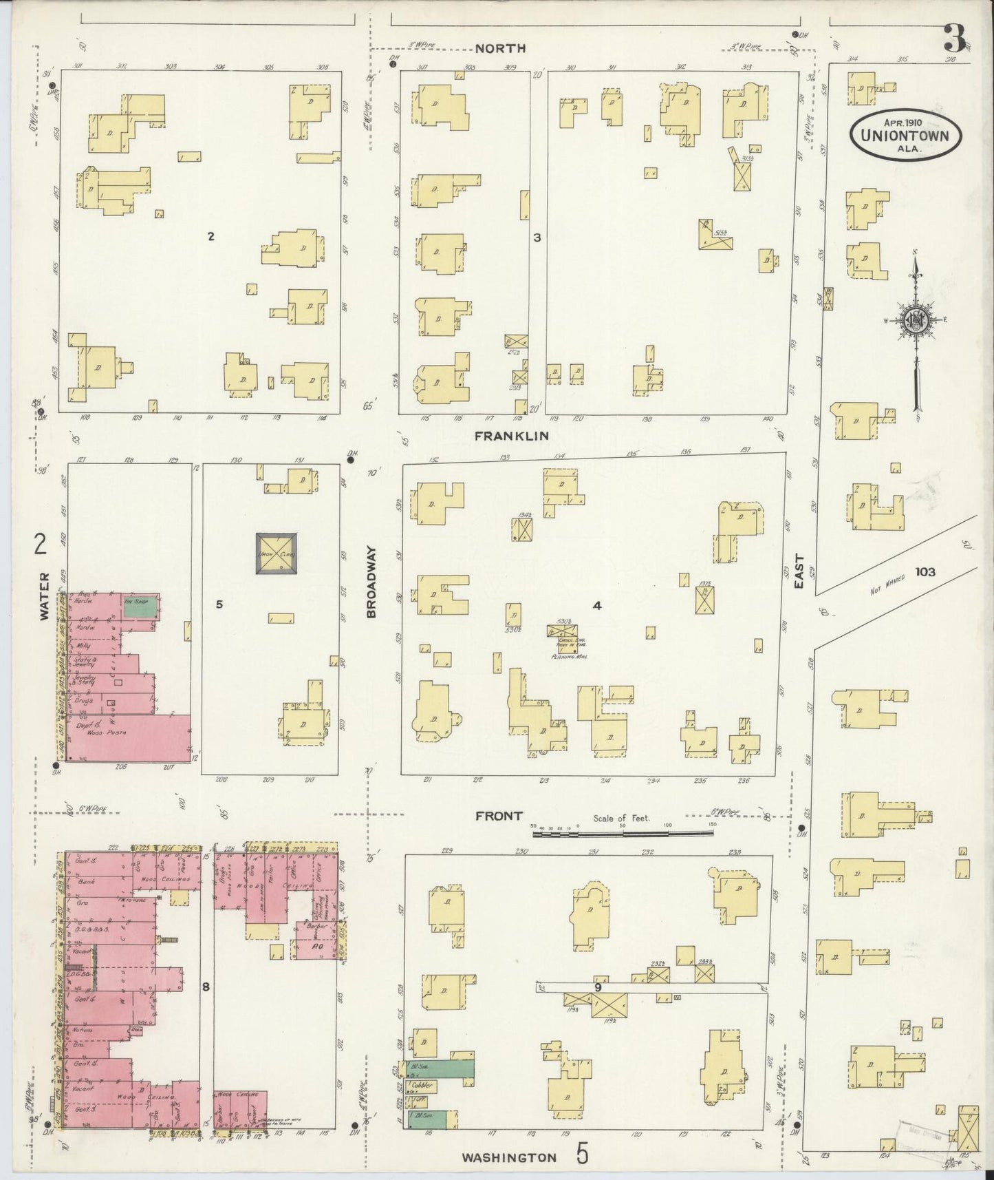 Sanborn Fire Insurance Map from Uniontown, Perry County, Alabama (1910), Sheet #0003 - Complete Map Set gallery image, historic Sanborn map, vintage wall art, Alabama Alabama