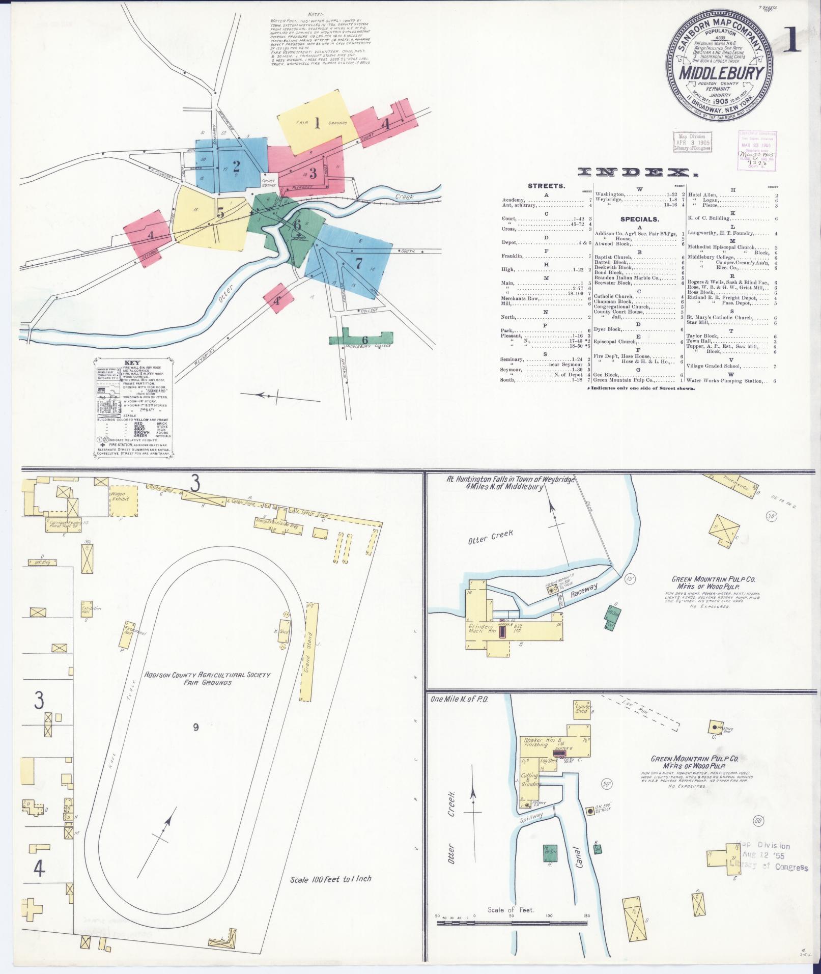 Sanborn Fire Insurance Map from Middlebury, Addison County, Vermont. (1905) – Historic Sanborn Fire Insurance Map Print