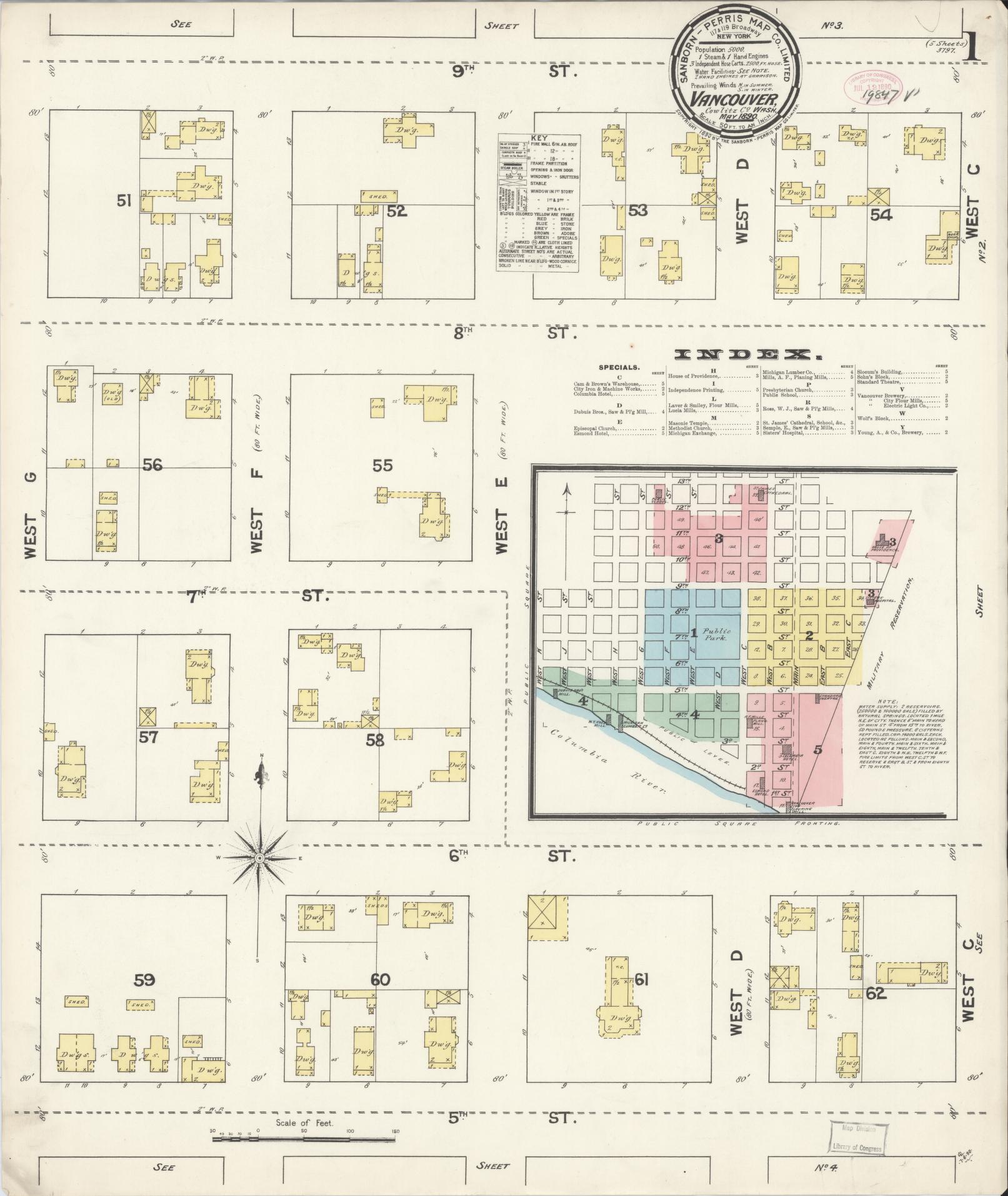 Sanborn Fire Insurance Map from Vancouver, Clark County, Washington (1890), Sheet #0001 - Complete Map Set gallery image, historic Sanborn map, vintage wall art, Washington Washington