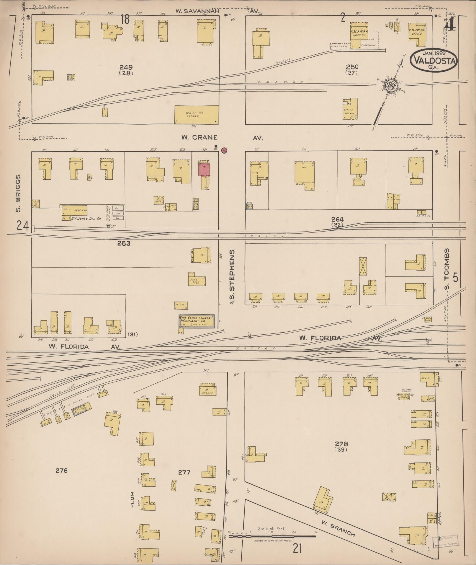 Sanborn Fire Insurance Map from Valdosta, Lowndes County, Georgia (1922), Sheet #0004 - Complete Map Set gallery image, historic Sanborn map, vintage wall art, Georgia Georgia
