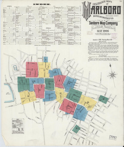 Sanborn Fire Insurance Map from Marlborough, Middlesex County, Massachusetts (1906), Sheet #0001 - Historic Sanborn Fire Insurance Map Print, vintage old map wall art, antique decor, genealogy gift, Massachusetts Massachusetts map