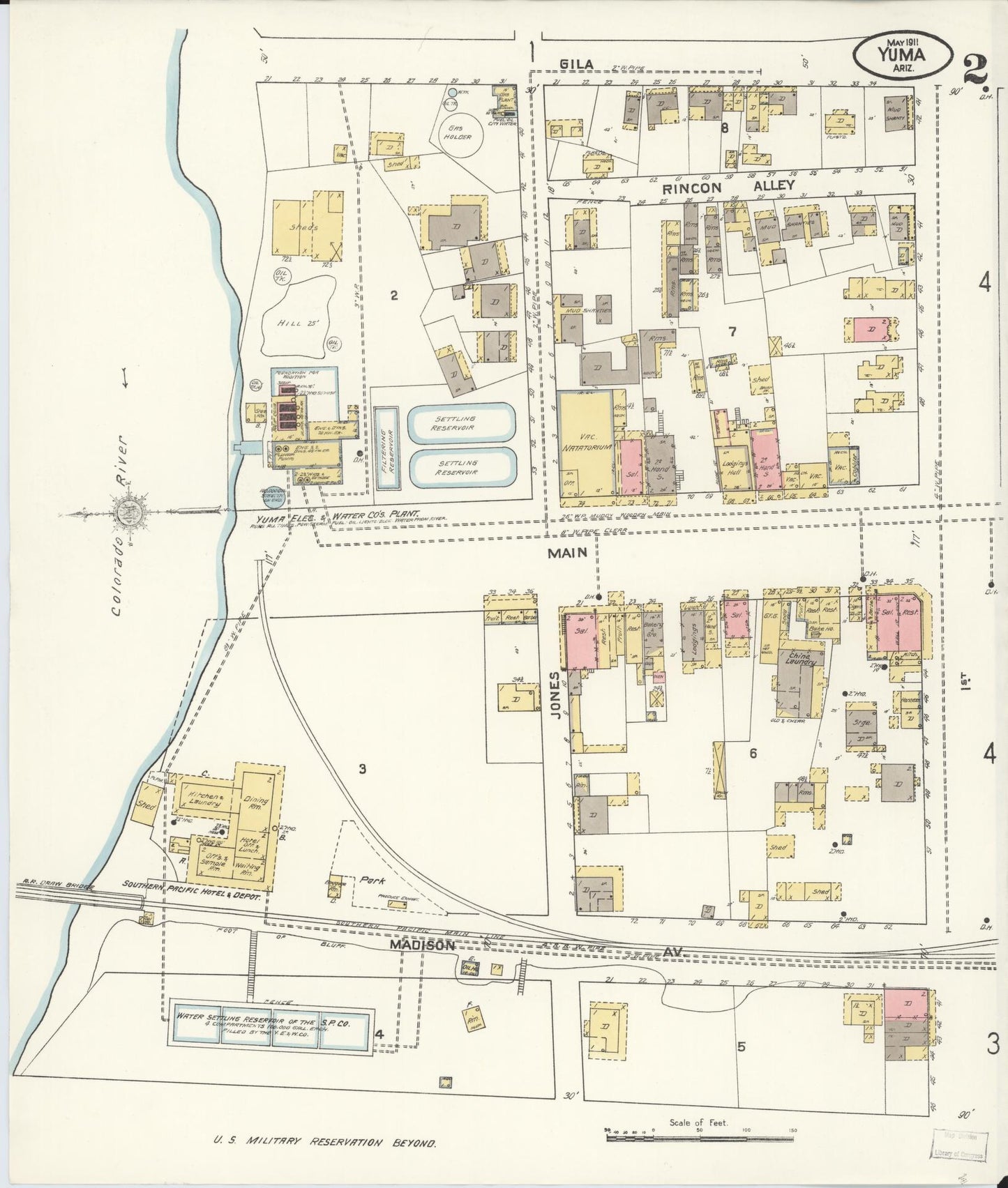 Sanborn Fire Insurance Map from Yuma, Yuma County, Arizona (1911), Sheet #0002 - Historic Sanborn Fire Insurance Map Print, vintage old map wall art, antique decor, genealogy gift, Arizona Arizona map