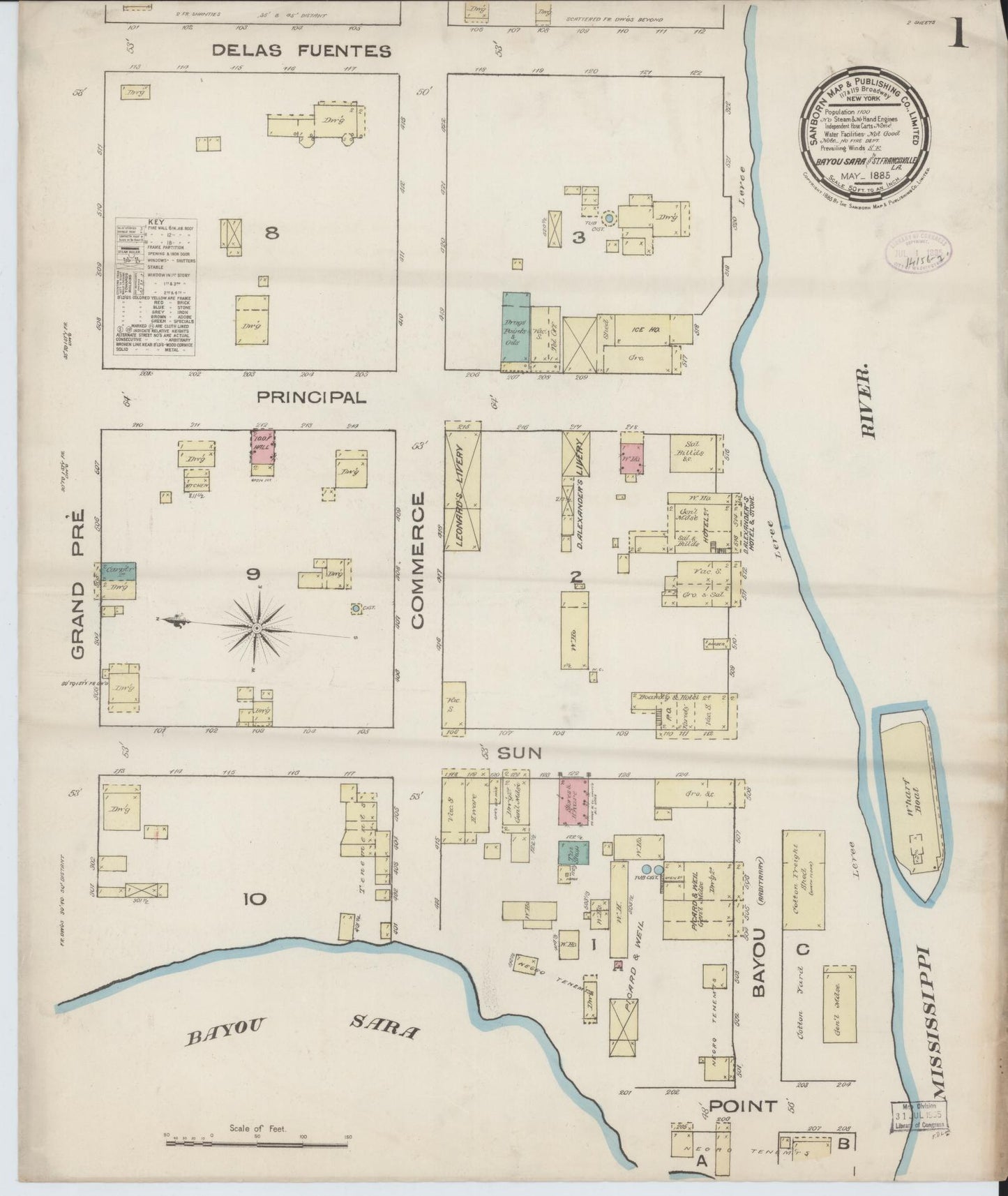 Sanborn Fire Insurance Map from Bayou Sara, West Feliciana Parish, Louisiana (1885), Sheet #0001 - Complete Map Set gallery image, historic Sanborn map, vintage wall art, Louisiana Louisiana