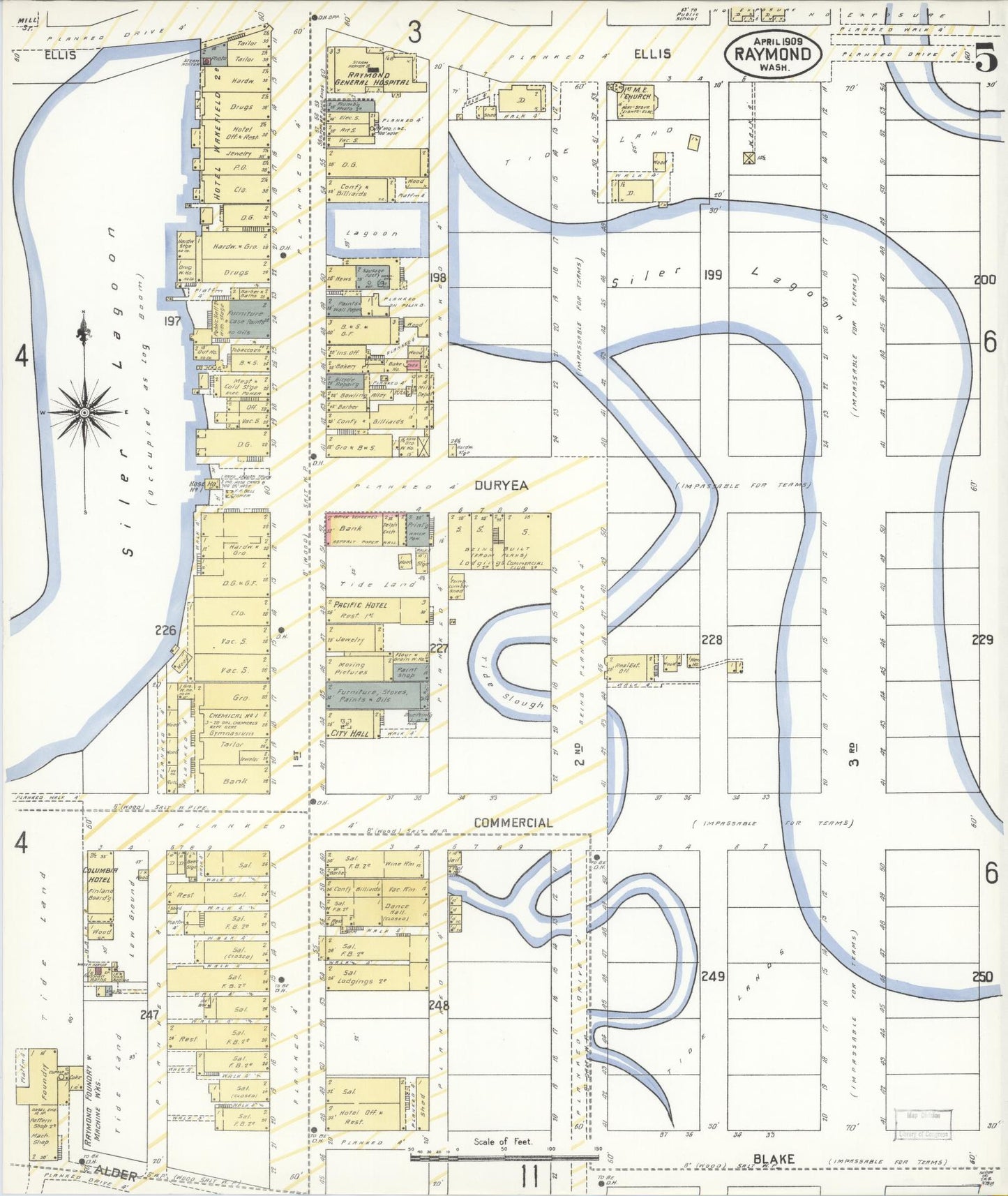 Sanborn Fire Insurance Map from Raymond, Pacific County, Washington (1909), Sheet #0005 - Historic Sanborn Fire Insurance Map Print, vintage old map wall art, antique decor, genealogy gift, Washington Washington map