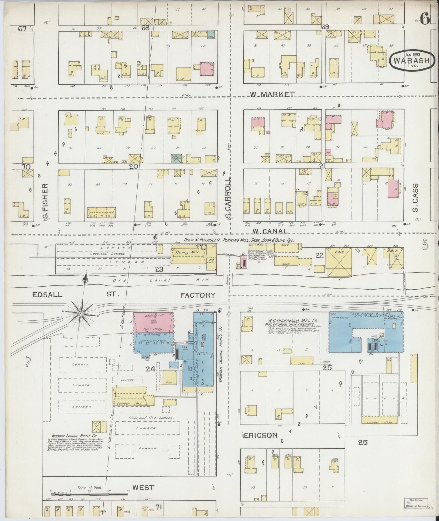 Sanborn Fire Insurance Map from Wabash, Wabash County, Indiana (1893), Sheet #0006 - Historic Sanborn Fire Insurance Map Print, vintage old map wall art, antique decor, genealogy gift, Indiana Indiana map