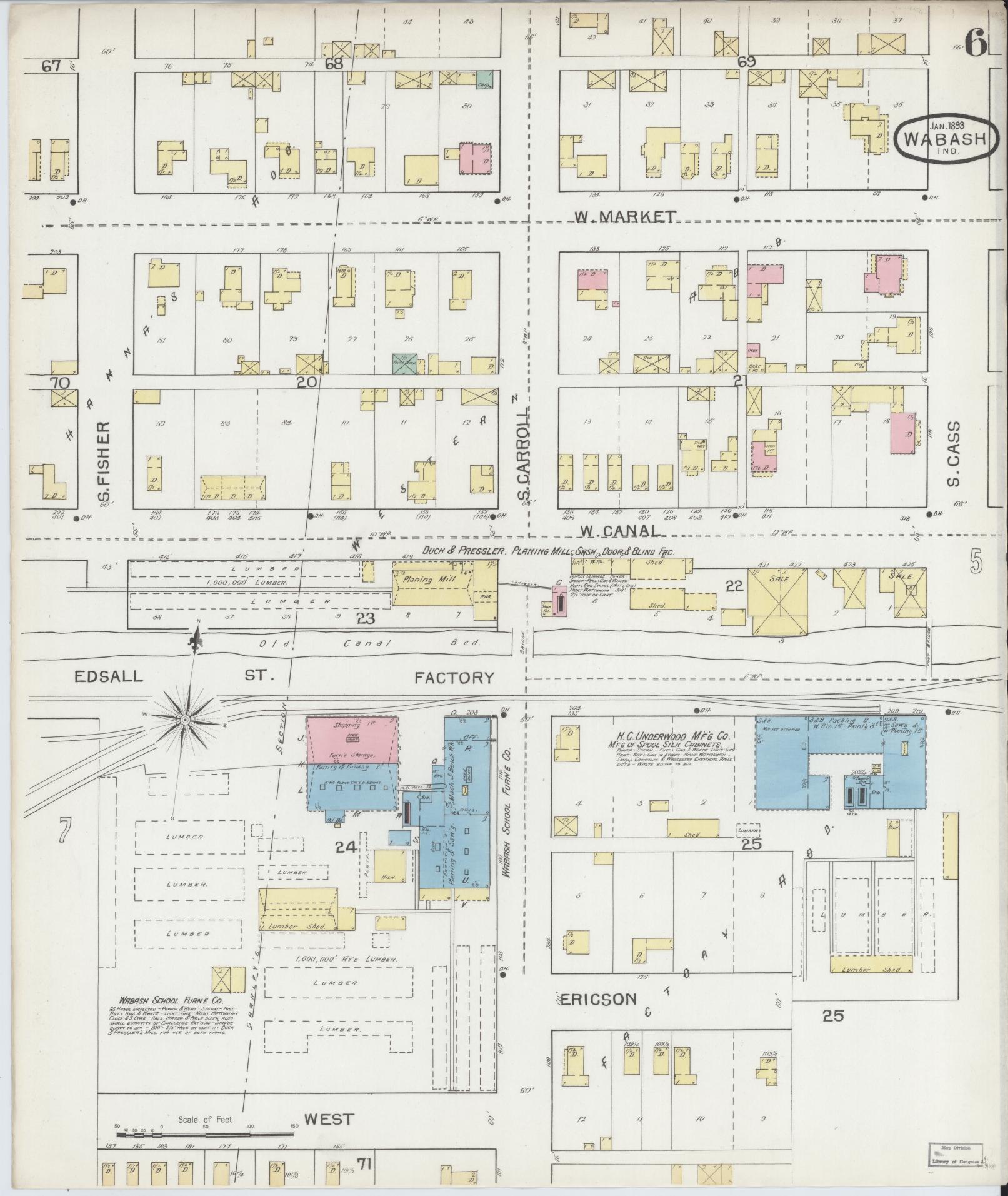 Sanborn Fire Insurance Map from Wabash, Wabash County, Indiana (1893), Sheet #0006 - Historic Sanborn Fire Insurance Map Print, vintage old map wall art, antique decor, genealogy gift, Indiana Indiana map