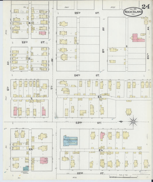 Sanborn Fire Insurance Map from Rock Island, Rock Island County, Illinois (1892), Sheet #0024 - Historic Sanborn Fire Insurance Map Print, vintage old map wall art, antique decor, genealogy gift, Illinois Illinois map