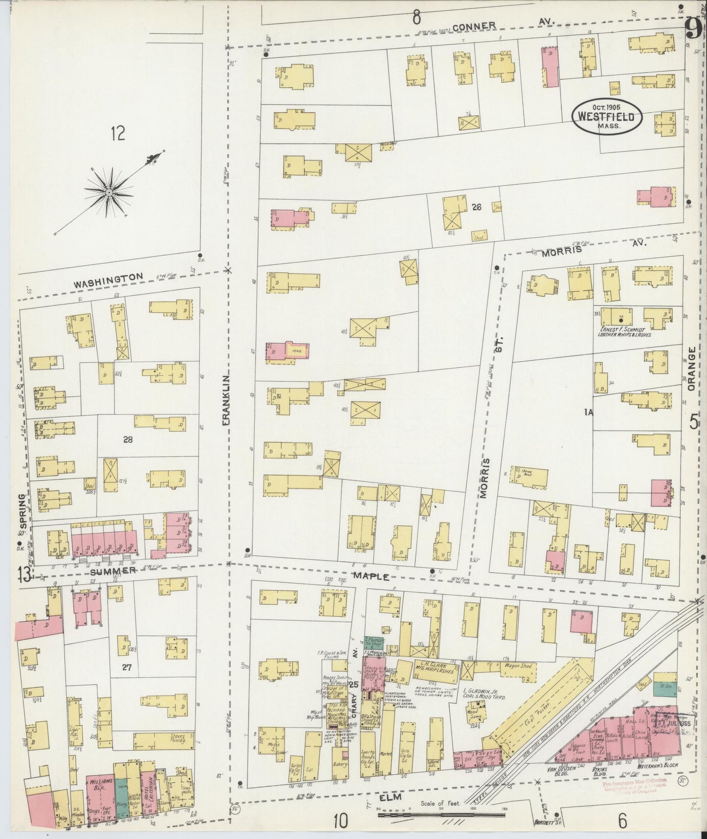 Sanborn Fire Insurance Map from Westfield, Hampden County, Massachusetts (1905), Sheet #0009 - Complete Map Set gallery image, historic Sanborn map, vintage wall art, Massachusetts Massachusetts