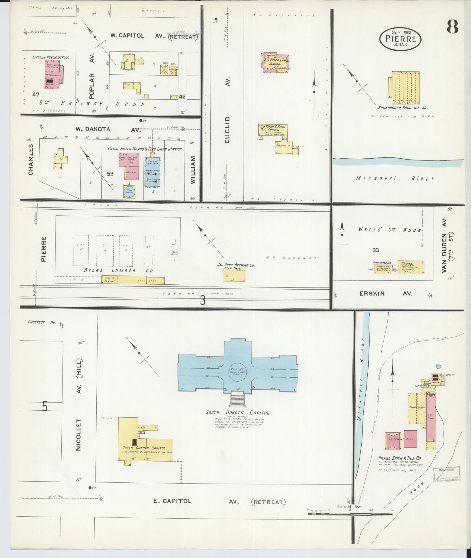 Sanborn Fire Insurance Map from Pierre, Hughes County, South Dakota (1908), Sheet #0008 - Complete Map Set gallery image, historic Sanborn map, vintage wall art, South Dakota South Dakota