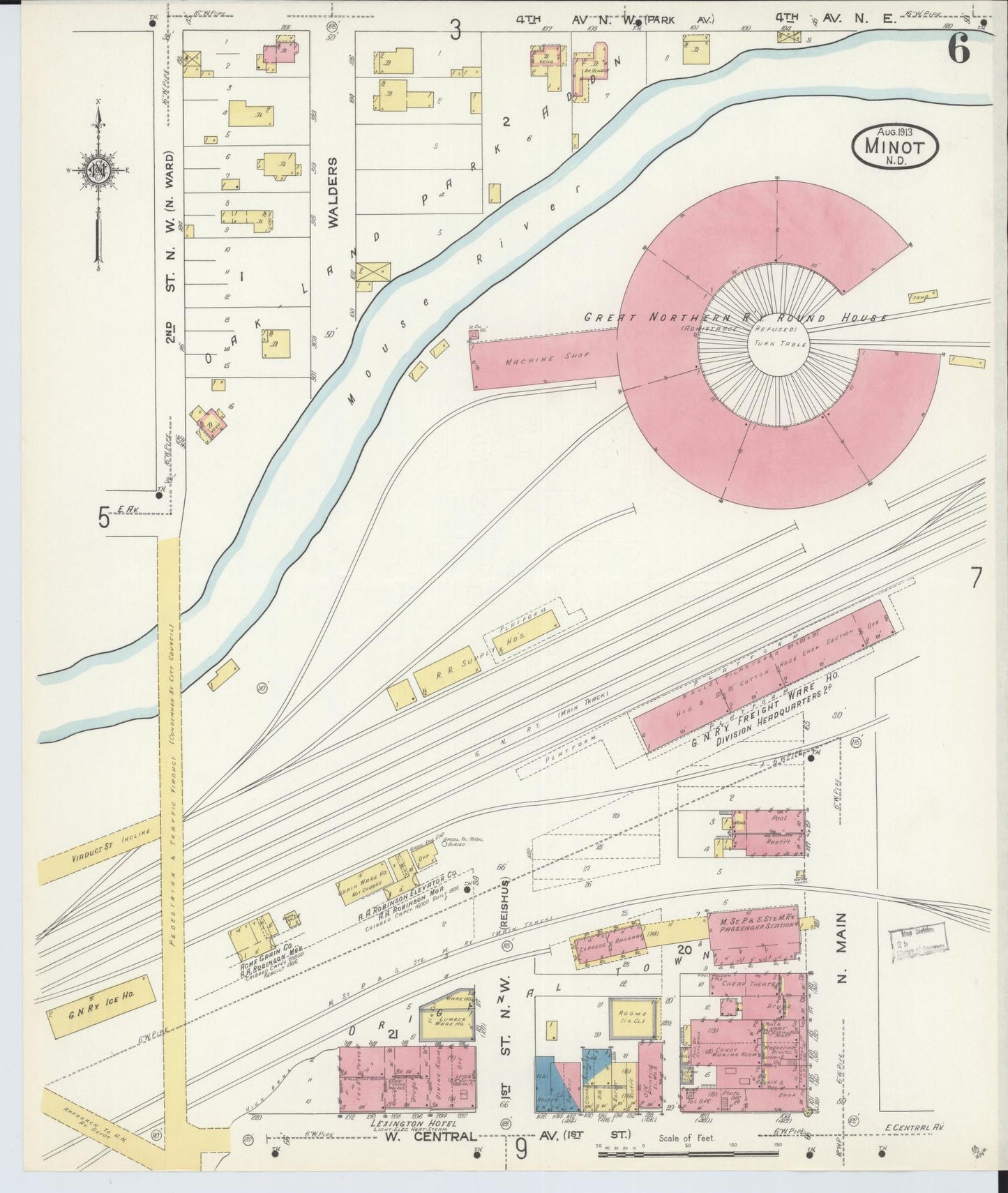 Sanborn Fire Insurance Map from Minot, Ward County, North Dakota (1913), Sheet #0006 - Historic Sanborn Fire Insurance Map Print, vintage old map wall art, antique decor, genealogy gift, North Dakota North Dakota map