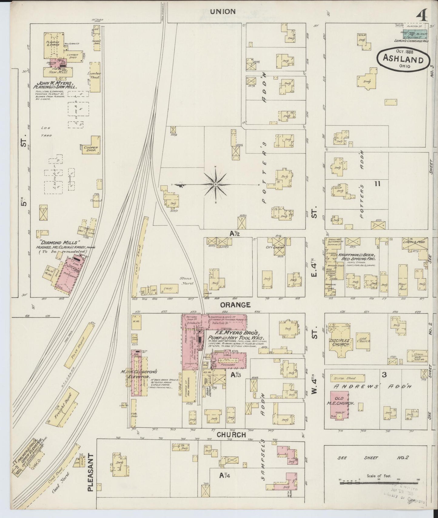 Sanborn Fire Insurance Map from Ashland, Ashland County, Ohio (1888), Sheet #0004 - Historic Sanborn Fire Insurance Map Print, vintage old map wall art, antique decor, genealogy gift, Ohio Ohio map