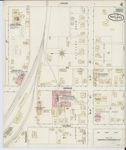 Sanborn Fire Insurance Map from Ashland, Ashland County, Ohio (1888), Sheet #0004 - Historic Sanborn Fire Insurance Map Print, vintage old map wall art, antique decor, genealogy gift, Ohio Ohio map