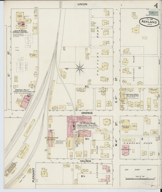 Sanborn Fire Insurance Map from Ashland, Ashland County, Ohio (1888), Sheet #0004 - Historic Sanborn Fire Insurance Map Print, vintage old map wall art, antique decor, genealogy gift, Ohio Ohio map
