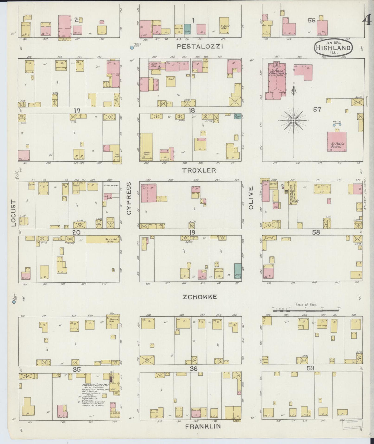 Sanborn Fire Insurance Map from Highland, Madison County, Illinois (1894), Sheet #0004 - Complete Map Set gallery image, historic Sanborn map, vintage wall art, Illinois Illinois