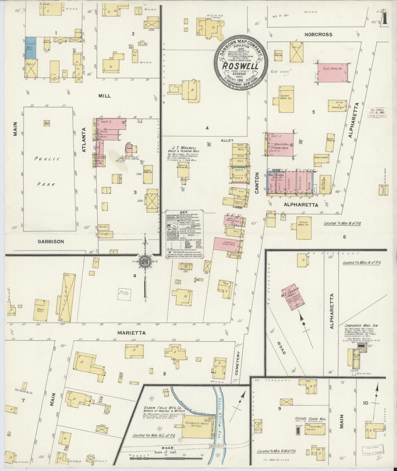 Sanborn Fire Insurance Map from Roswell, Fulton County, Georgia (1911), Sheet #0001 - Historic Sanborn Fire Insurance Map Print, vintage old map wall art, antique decor, genealogy gift, Georgia Georgia map