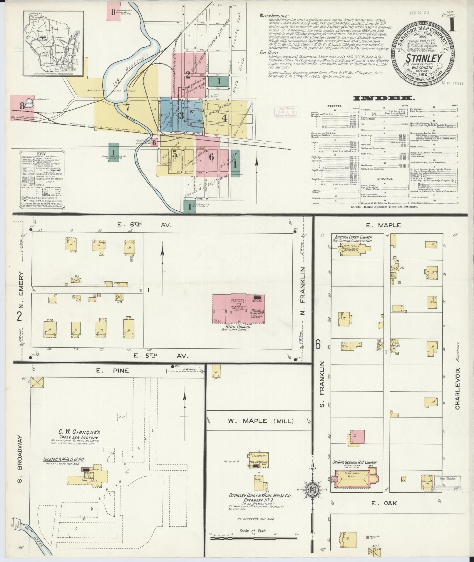 Sanborn Fire Insurance Map from Stanley, Chippewa County, Wisconsin (1912), Sheet #0001 - Historic Sanborn Fire Insurance Map Print, vintage old map wall art, antique decor, genealogy gift, Wisconsin Wisconsin map