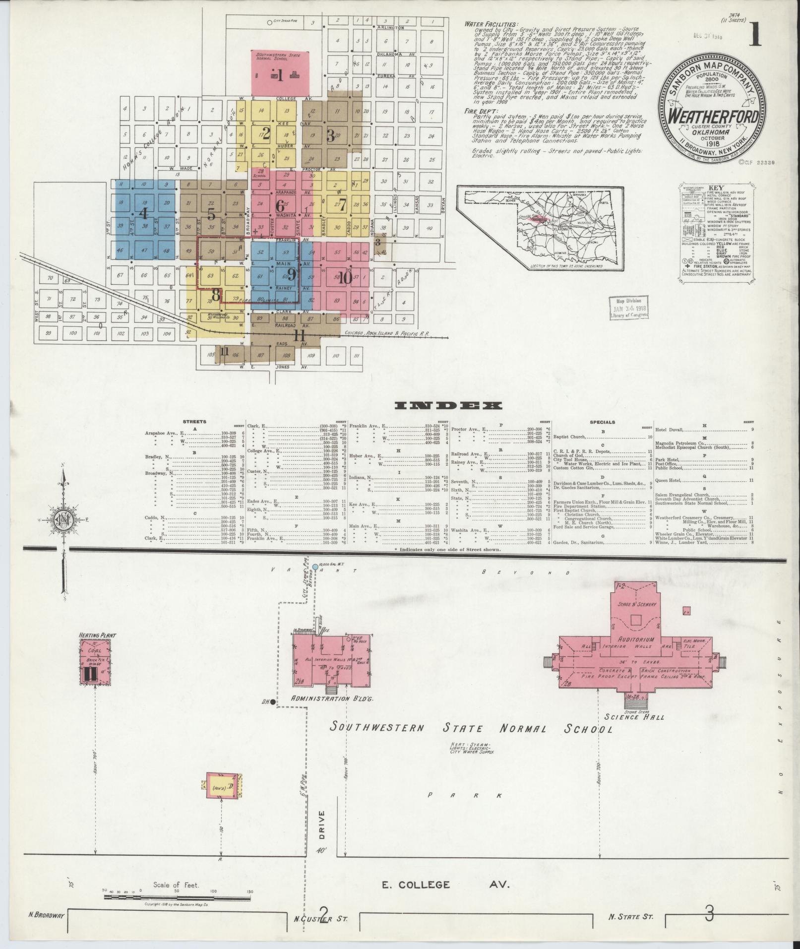 Sanborn Fire Insurance Map from Weatherford, Custer County, Oklahoma (1918), Sheet #0001 - Complete Map Set gallery image, historic Sanborn map, vintage wall art, Oklahoma Oklahoma