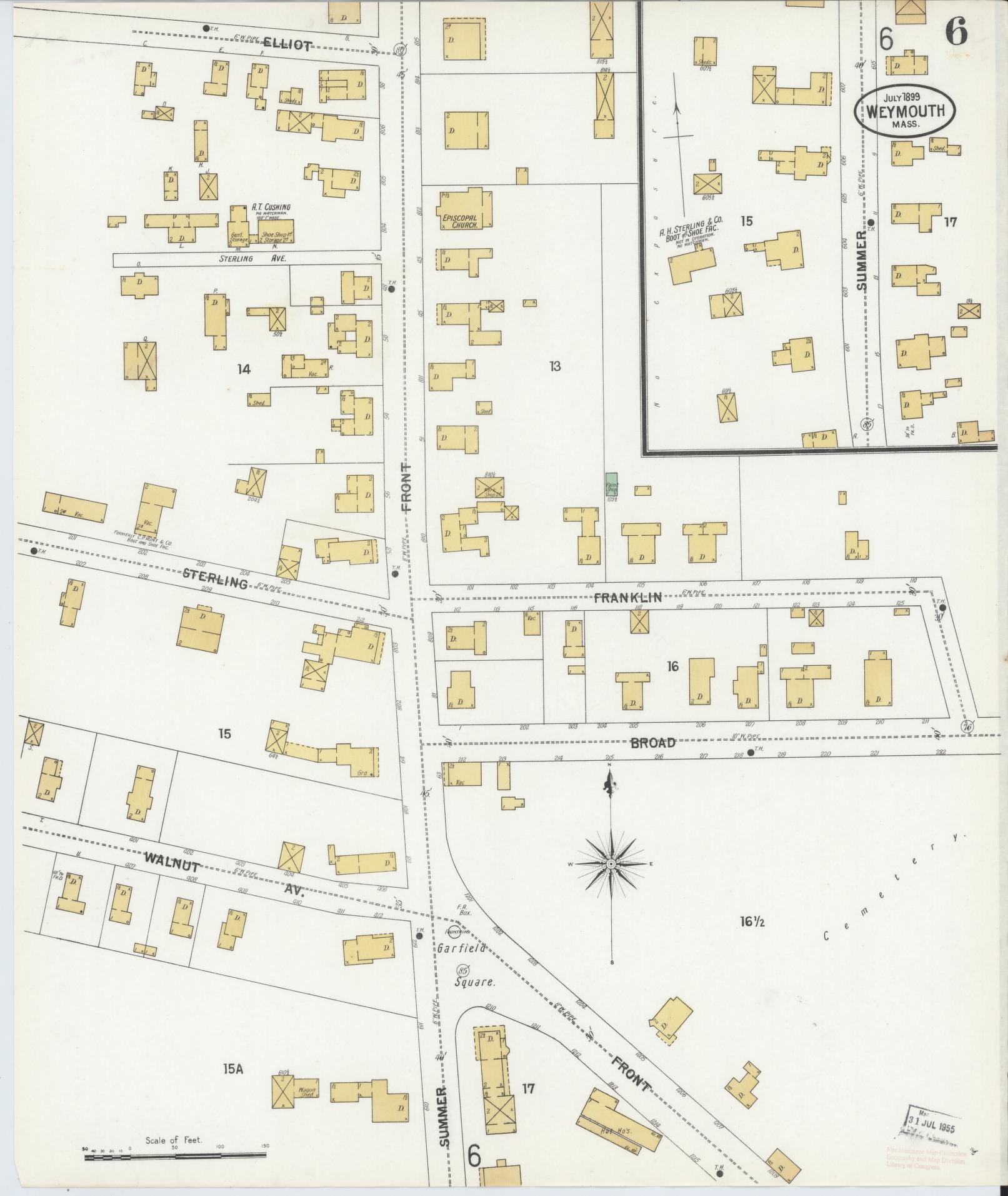 Sanborn Fire Insurance Map from Weymouth, Norfolk County, Massachusetts (1899), Sheet #0006 - Historic Sanborn Fire Insurance Map Print, vintage old map wall art, antique decor, genealogy gift, Massachusetts Massachusetts map